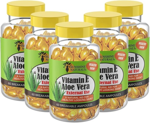 [BRSROA37AAPWE3D6] Sunshine Naturals Vitamin E and Aloe Vera Moisturizer. Hydrating Formula for Dry Skin, Soothing Relief, Nourishment, and Skin Elasticity. Promotes Soft and Healthy-Looking Skin. 60 Vials. Pack of 5