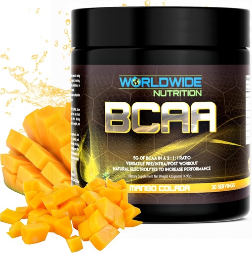 [BRSRMFA5BUJWYCLF] Worldwide Nutrition BCAA Powder - Branched Chain Amino Acids - Pre Intra Post Workout Supplement for Men and Women - Natural Electrolytes Powder for BCAA Energy - Mango Colada - 30 Servings