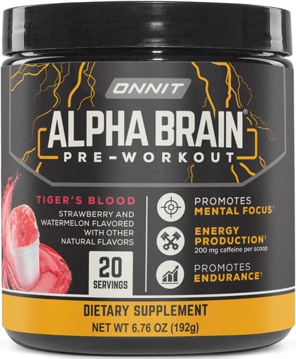 [BRSRMBA6BVYROF33] ONNIT Alpha Brain Pre-Workout pulver, IGENTM Ikke-GMO testet, Tigers blodflavor, Pre-Workout Supplement for kvinner og menn, Diett Supplement, 20 Serveringer per tub, 6,76 oz