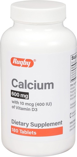 [BRSW2HYOOQNAMYD5] Rugby 600mg Calcium Tablets - Made with 10mcg (400IU) of Vitamin D3 - Dietary Supplement - 180 Count (1 Pack)