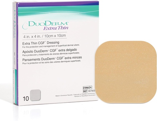 [BRSWIY34C4HGEFD4] ConvaTec DuoDERM Extra Thin Control Gel Formula 4"x4" Hydrocolloid Sterile Adhesive Dressing for Superficial Wounds, Low Friction, Latex-Free, Waterproof, Square, Beige, 10ct Box