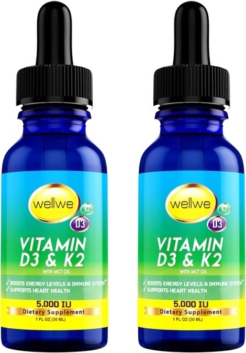 [BRSW2CADOUNAODL7] 2 bottiglie liquido vitamina D3 K2 gocce 5000 UI con olio MCT - Vegan liquido vitamina D supplemento per aumentare i livelli di energia, l'umore e il sistema immunitario, non aromatizzato, nessun odore, senza glutine, non OGM, 2 Fl Oz