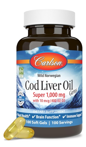 [BRSWIYYFAV5G2CI3] Carlson - Cod Liver Oil, Super 1000 mg + Vitamins A & D3, Wild Norwegian, Sustainably Sourced, 100 Softgels