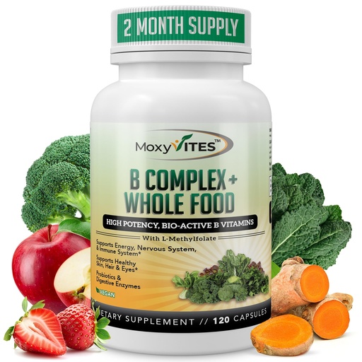 [BRSWGZYTBAFB4GTL] MoxyVites Vitamin B Complex - B Vitamins Whole Food Supplement, B12 Methylcobalamin, B1, B2, B3, B5, B6, B7, B9 - for Stress, Energy and Immune Support, Vegan, 120 Capsules