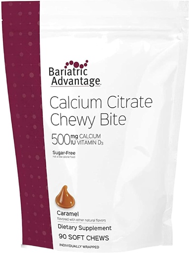 [BRSWIHL4BR7QEGT6] Bariatrične prednosti Kalcijev citrat Chewy Bites 500 mg - Zelo absorbbilen in prebavljiv - Vitamin D3 - Enostavno žvečljivi kalcij dodatek - Karamelni aroma - 90 Count