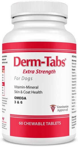 [BRSWIYQFDFYQY3Q3] Derm Tabs Extra Strength for Dogs - Natural Oil, Vitamins, Minerals, and Antioxidants - Support Healthy Skin and Reduce Shedding -60 Chewable Tablets