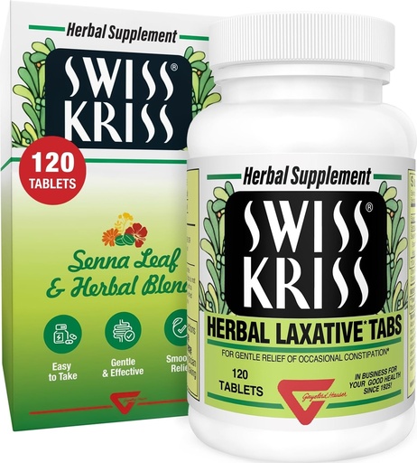 [BRSWIYTYO4GB6YLE] Swiss Kriss Herbal Laxative Tablets, Gentle & Natural Laxatives for Constipation Relief for Adults & Children Over Age 6, Works in 6-12 Hours, Senna Laxative, 120 Tablets Total