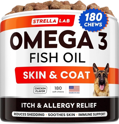 [BRSWYFTQBEMGKFL5] StrellaLab Omega 3 for Dogs - (180Ct) Fish Oil Treats - Allergy & Itch Relief Skin & Coat Supplement - Dry Itchy Skin, Anti Shedding & Hot Spots Treatment - Pet Salmon Oil Chews - Chicken Flavor
