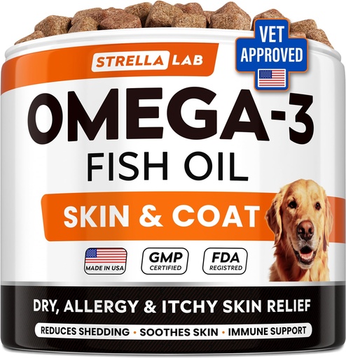 [BRSWYFTQBEMGKFL5] StrellaLab Omega 3 for Dogs - (180Ct) Fish Oil Treats - Allergy & Itch Relief Skin & Coat Supplement - Dry Itchy Skin, Anti Shedding & Hot Spots Treatment - Pet Salmon Oil Chews - Chicken Flavor