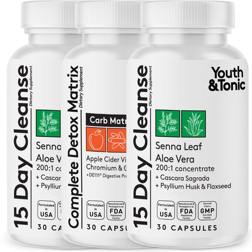 [BRSROBD4DIIGYCTU] Youth & Tonic 3PK Colon Cleanse & Gut Detox for Bloating, Occasional Constipation & Regularity - 15 Day Cleanse with Daily Metabolism & Gut Support for Women & Men, Halal Certified | 90 Pills