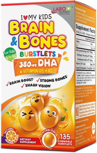[BRSROCQBBUCWMALF] LABO Nutrition I My Kids Brain & Bones Chewable Burstlet, Glutenfrei, für stärkere Knochen & Verhalten Management, 76% Ultra-Concentrated rTG Form Omega 3 DHA Fischöl, Vitamin D3 & K2, Orange