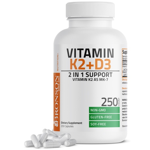 [BRSWG233DF7WA2QZ] Bronson Vitamin K2 (MK7) with D3 Supplement Non-GMO Formula 5000 IU Vitamin D3 & 90 mcg K2 MK-7 Easy to Swallow D & K Complex, 250 Capsules