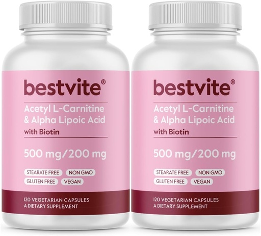 [BRSWYZ35OYBRYHI6] BESTVITE Acetyl L-Carnitine 500mg & Alpha Lipoic Acid 200mg per Capsule with Biotin (240 Vegetarian Capsules) (120 x 2) - No Stearates - Vegan - Non GMO - Gluten Free