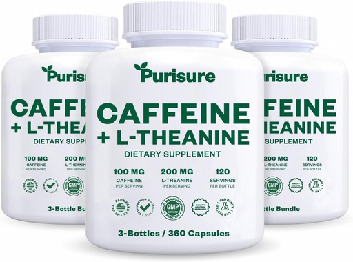 [BRSRABQZPN7RY3QU] Purisure Caffeine Theanine Capsules Pills 100mg Caffeine + 200mg L Theanine for Pre Workout Energy, and Clarity Energy Pills for Fatigue, Nootropic Supplement, 120 Day Supply, Pack of 3