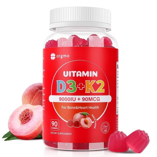 [BRSRAFD6CEFBQYD7] Vitamin D3 K2 Gummies - 90 Count Sugar Free Vitamin D3 9000 IU + K2(MK-7) 90 mcg for Bone & Immune Health, Vegan Chewable K2 D3 Vitamin Supplement for Women Men (Peach Flavor)