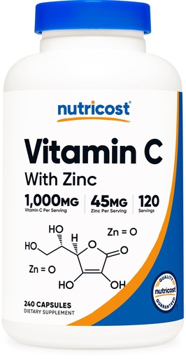 [BRSWYFQ6AQOQA3A3] Nutricost Vitamin C with Zinc Capsules, 120 Servings - 1000mg, 45mg Zinc, Non-GMO, Gluten Free Vitamin C Supplement