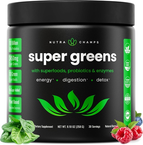 [BRSWGFAFA4BGEA3U] NutraChamps Super Greens Powder Premium Superfood | 20+ Organic Green Veggie Whole Food | 밀 잔디, Spirulina, Chlorella | 산화 방지제, 소화 효소 및 프로바이오틱 혼합 (9.0 Oz, Berry)