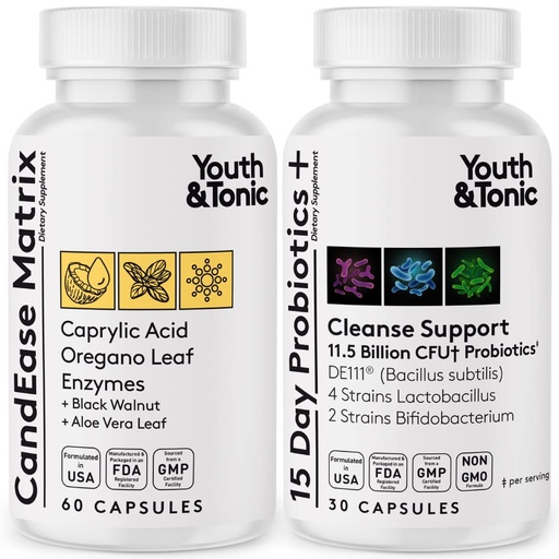 [BRSWYCARCEOWMGQV] Youth & Tonic Oregano & Caprylic Acid Gut Health Supplement with Probiotics & Herbs for Gut Flora Balance, Digestive & Intestinal Health and Immune Support – 90 Capsules