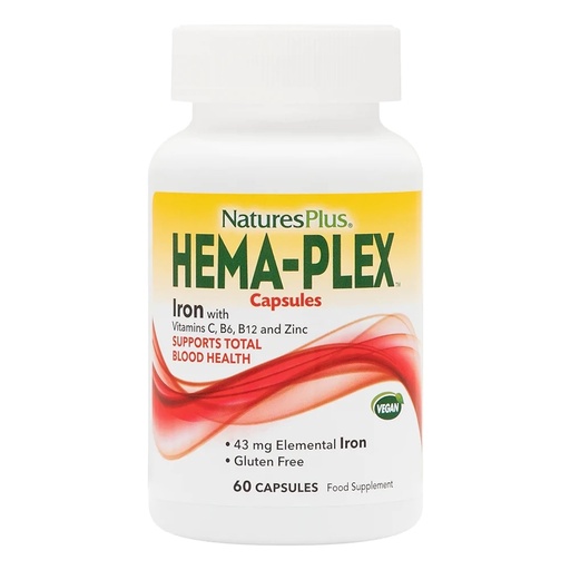 [BRSWIYAHBENQMFQV] NaturesPlus Hema-Plex Iron - 60 Fast-Acting Capsules - 85 mg Chelated Iron - Total Blood Health - with Vitamin C & Bioflavonoids - Vegan, Gluten Free - 30 Servings