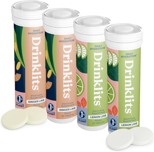[BRSRAYIPBUFR6YI3] Drinklits Ginger-Lime & Lemon-Lime Electrolyte Tablets (4) Tube Bundle | Daily Hydration Combo Pack | Great Taste – 0g Sugar – Natural Sports Drink | 40 Servings - 10 Tablets Per Tube