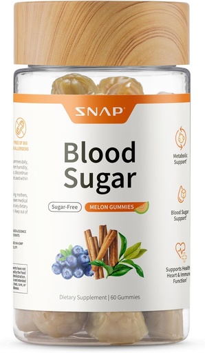[BRSROFQQCAHAKF3L] Snap Supplements Blood Sugar Gummies, Support Healthy Blood Sugar Levels and Sugar Metabolism, Chewable Blood Sugar Blend, Cinnamon Bark and Blueberry Fruit Extract, Natural Melon Flavor, 60 Gummies