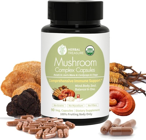 [BRSRAYL7AFYBYALA] Herbal Treasure 4 in 1 Mushroom Complex Supplement, Adaptogens with Lion's Mane, Reishi, Chaga and Cordyceps Mushroom Blend, Organic Mushroom Supplement Extract 90 Caps