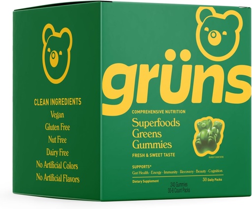 [BRSRAHYLB4MAM3A2] Gruns Super Greens Gummy Bears - Organic Spirulina and Chlorella, Prebiotics for Digestive Health, 20+ Vitamins and Minerals - 30 sachets - 240 Gummies