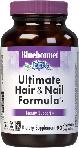 [BRSWIYY3BZ6BGFTY] BlueBonnet Nutrition Formule ultime pour cheveux et ongles, vitamines, minéraux, nutriments spéciaux pour la beauté à l'intérieur, sans gluten, sans cacher, sans lait, végétalien, 90 capsules végétales, 30 portions, blanc