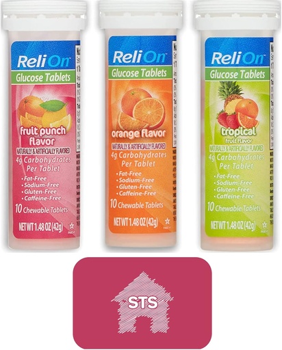 [BRSRMBABBUCGKHT7] Relion gliukozė Tabletes (Sumaišykite skonį) Oranžinė, Tropical ir vaisių punch - Iš viso 30 tablečių + STS Sticker.