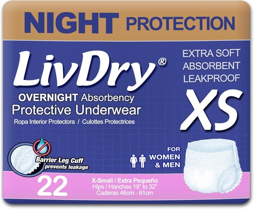 [BRSWGFAKDIBRY3TL] LivDry Adult XS Incontinence Underwear, Overnight Comfort Absorbency, Leak Protection, X-Small, 22-Pack