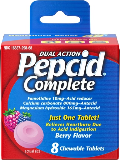 [BRSWY2QNCENRMELD] Pepcid Complete Acid Reducer + Antacida for Acid Reflux, 10mg Famotidin, 800mg Calciumcarbonat & 165mg Magnesiumhydroxid per Heartburn Medicine Tablet, Antacida Chews, Berry, 8 ct