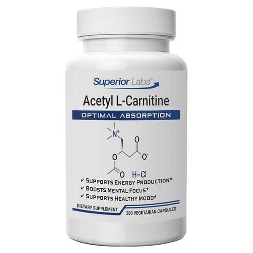 [BRSWGEAFBYNAGHTD] Superior Labs Acetyl L-Carnitine 500 mg, High Potency ALCAR, Pure Non-GMO, Zero Synthetic Additives, Maximum Absorption, Energy & Fat Metabolism, Brain, Nerve & Cellular Detox Support, (200 Veg Caps)