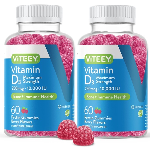 [BRSW2GQ2CUBQYHQZ] VITEEY Vitamin D3 Gummies for Adults & Teens - 10,000 IU, 250mcg, Maximum Strength - Joint & Muscle Health, Immune Boost - Chewable Vitamin D Gummies - Vegetarian, Gelatin Free - Tasty Berry Flavored