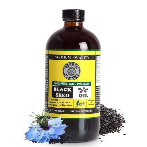 [BRSWGBQBAEMAGH3H] Pure Black Seed Oil - 100% Pure Nigella Sativa - Cold Pressed - Vegan - Non GMO - 16 oz - in Glass Bottle - Herbal by Nature