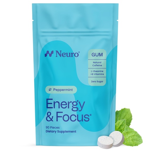 [BRSROFT2OEPAIA33] Neuro Energy & Focus Gum - 40mg Natural Caffeine Gum & Nootropic Energy Supplement with L-Theanine & B Vitamins - Sugar Free, Vegan - Peppermint, 90ct