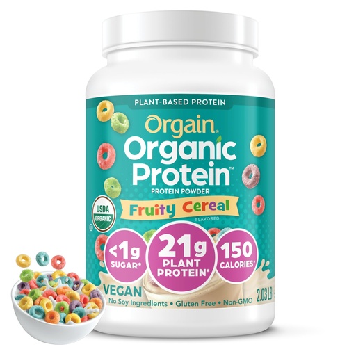 [BRSROFQBBYIAK23B] Orgain Organic Vegan Protein Powder, Fruity Cereal - 21g Plant Based Protein, 8g Prebiotic Fiber, Low Net Carb, No Lactose Ingredients, No Added Sugar, Non-GMO, For Shakes & Smoothies, 2.03 lb