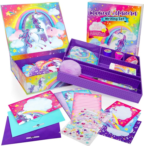[BRSWYEATCAMGEE37] Original Stationery Unicorn Letter Writing Kit - 45-Piece Multi-Color Paper & Sticker Set With Purple Storage Box - Stationery & Letter Paper for Girls