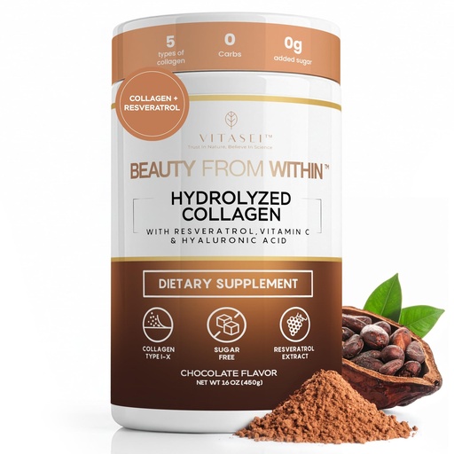 [BRSRAZALDN5QEA3U] VITASEI Hydrolyzed Collagen Peptides Powder with Resveratrol & Vitamin C – Hair, Skin, Nails & Joint Support – Colágeno Hidrolizado for Women & Men – Delicious Chocolate Flavor, 16 oz (30 Servings)