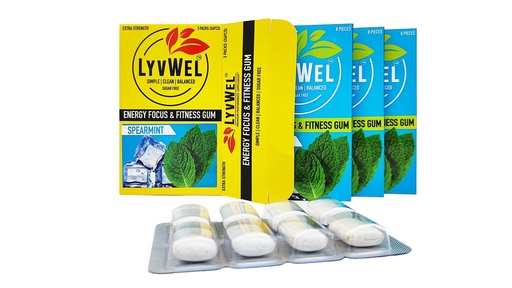 [BRSROAQ5BENGOET2] LyvWel Energy Gum | 80mg Caffeine + 50mg Taurine per gem | All Natural | Sugar-Free Pre-Workout Boost: Your Essential Energy Supplement to Stay Awake (Spearmint, 3 Pack)