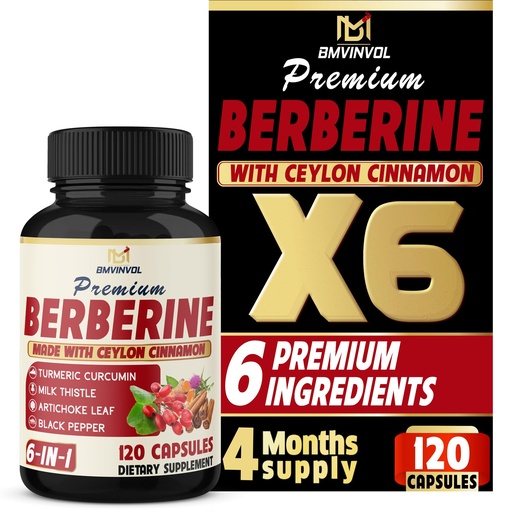 [BRSROGQZOR5QY3Y7] BMVINVOL 6in1 Berberine Supplement with Ceylon Cinnamon, Tumeric Root, Milk Thistle, Artichoke, Black Pepper -120 Capsules for 4 Month Supply