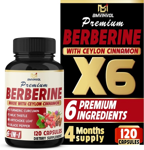 [BRSROGQZOR5QY3Y7] BMVINVOL 6in1 Berberine supplement with Ceylon Cinnamon, Tumeric Root, Milk Thistle, Artichoke, Black Pepper -120 Capsules for 4 Month Supply