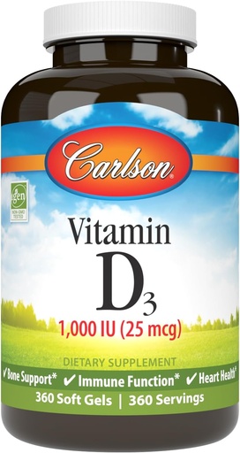 [BRSWYED5OUPROYD6] Carlson - Vitamine D3, 1000 IE (25 mcg), Bone Health, Muscle Health, Cholecalciferol, Vitamine D Supplementen, Vitamine D3 Zachte Gels, 360 Softgels