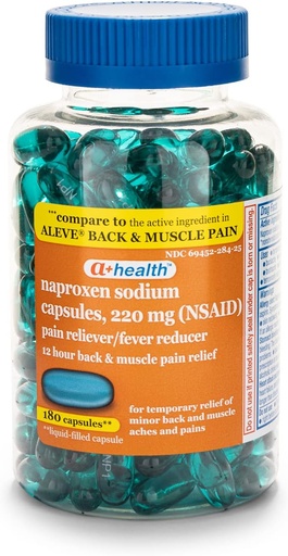 [BRSWYHQBB4HGKE34] A+Health Naproxen Sodium 220 Mg Liquid Gels back and Muscle Pain, Pain Reliever/Fever Reducer (NSAID), 180