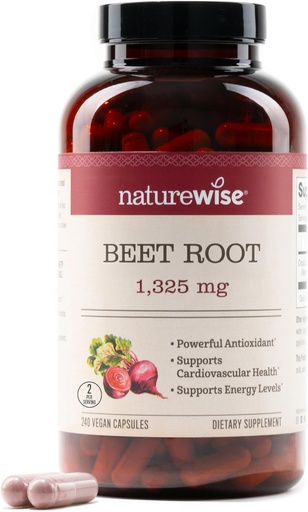 [BRSRAED2CMIGMH33] NatureWise Beet Root Capsules 1325mg với Beetroot - Nitric Oxide Booster cho hỗ trợ chu kỳ và sức khỏe tim - Vegan, Gluten- Free, Non-GO - 240 Capsules [120 ngày]