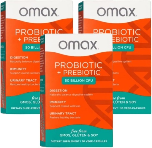 [BRSWGBQ6O4FBGFLD] Omax3 Prébiotique et probiotique 50 milliards CFU + Inuline de chicorée, 10 souches, réduire le bloom, la digestion, SIBO, Gut de fuite, pH vaginal, Acidophilus, Végétalien, Sans produits laitiers, Sans gluten, Plaquette emballée (2 paquets)