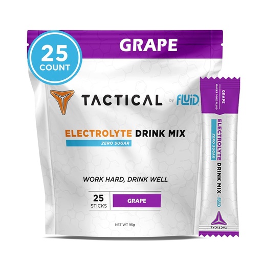[BRSW2CQKPN7GGFAY] Fluid Tactical - 25 Count Zero Sugar Electrolyte Powder | Grape | Travel Ready Drink Mix | Extreme Re-Hydration