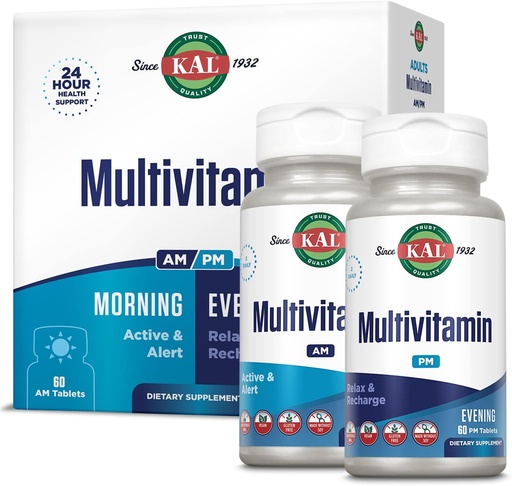 [BRSRMBQYCR7WKC3H] KAL Multivitamin AM/PM, 2-σε-1 Γυναικεία και Mens Multivitamins Συμπληρώματα, Turmeric, Tart Cherry, Organic Matcha και Spirulina για ανοσοποιητική και κυτταρική υποστήριξη, χωρίς γλουτένη, 30 Σερβιέτες, 120 δισκία