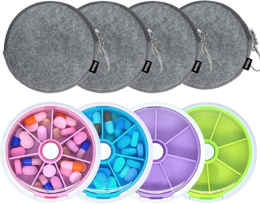 [BRSRAYY3OUCBGEY2] Pilula Organizator Pastile de călătorie caz pentru Purse Portable Pilula cutie rotundă Weekiy Pilula Container pentru vitamine Pastile de ulei de pește Suplimente (4PCS+Bag 4PCS)