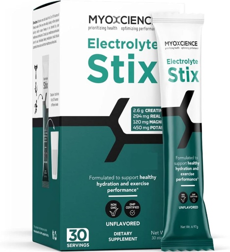 [BRSROAQCAEHBUF3Z] MYOXCIENCE Electrolyte STIX | Creatine Electrolyte Powder | Recovery from Exercise & Muscle Development w/Real Salt (Unflavored) (Stix 30 ct)