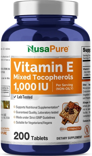 [BRSWG2QQOQJWCA37] NusaPure E 1000 IE 200 tabletter (ikke- GMO, Gluten- fri) - Blandede tocopheroler